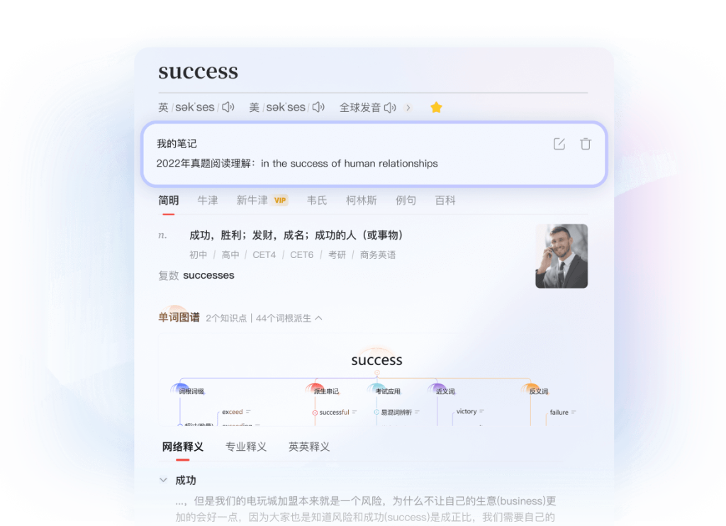 有道翻译词典查词界面示意